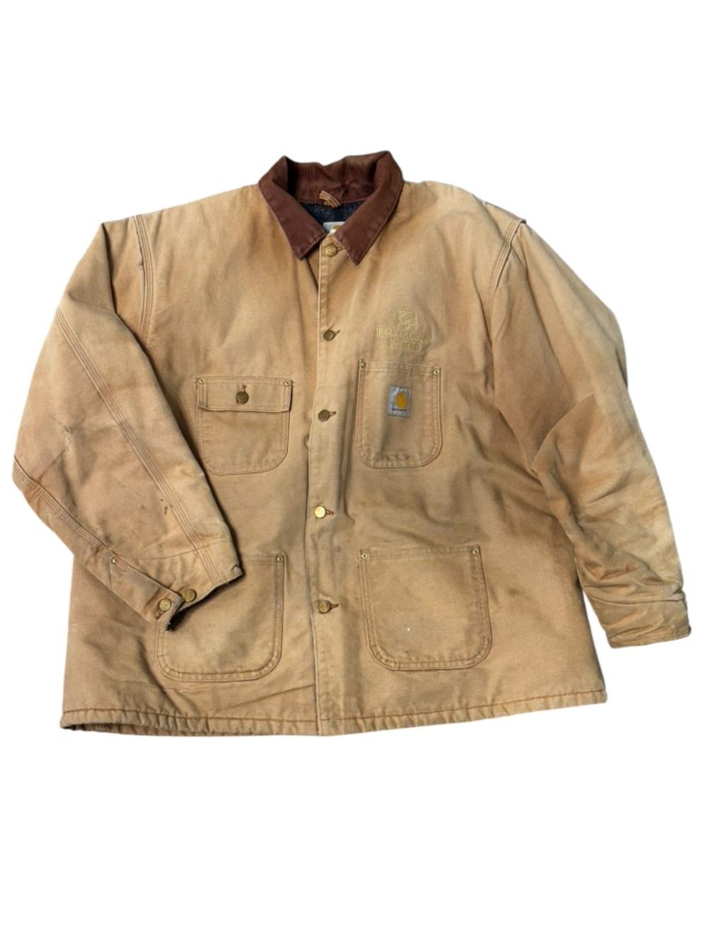 Vintage thrashed Carhartt C01 BRN Canvas Blanket Lined Chore Jacket Sz 52 / 2XL